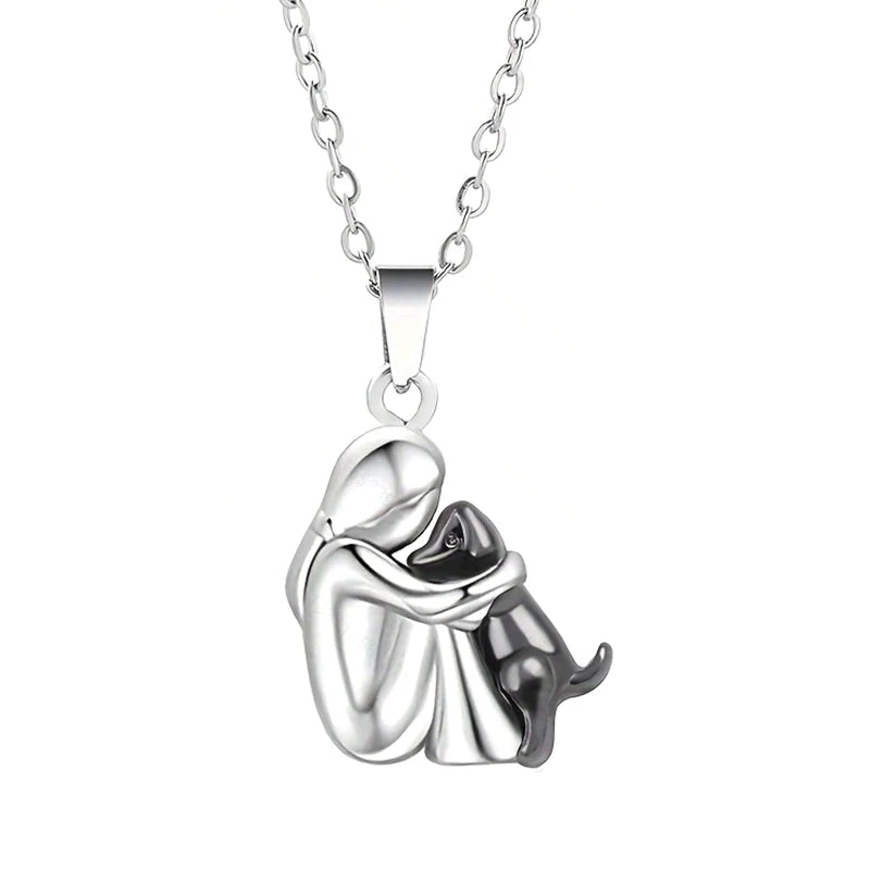 Cute Two Tone Girl Hugged Dog Necklace Pendant Jewelry for Women & Pets