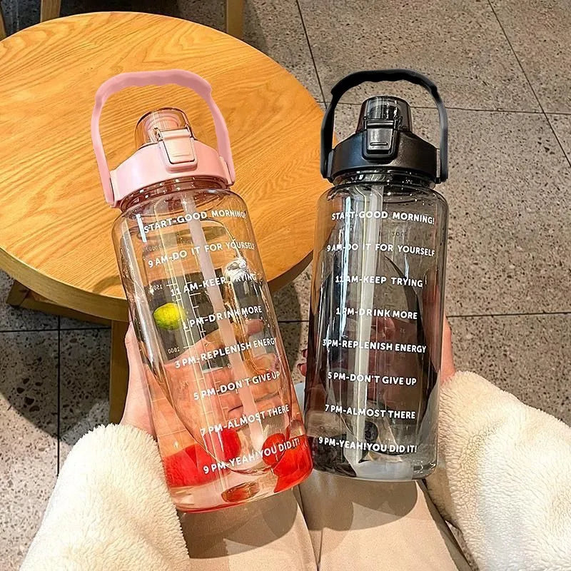 Large 2L Plastic Water Bottle with Motivational Time Markers & Silicone Straw