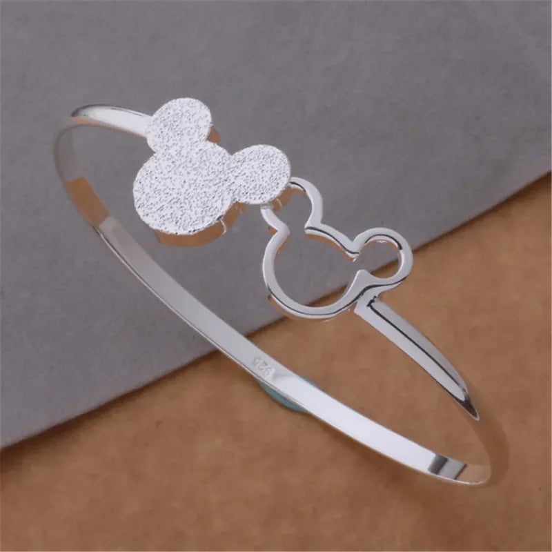925 Sterling Silver Mickey Bangle Bracelets for Women - Frosted Jewelry Gift