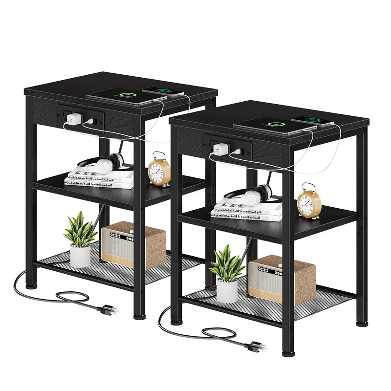 3-Tier Small Side Table with Charging Station - Adjustable Nightstand for Living Room & Bedroom