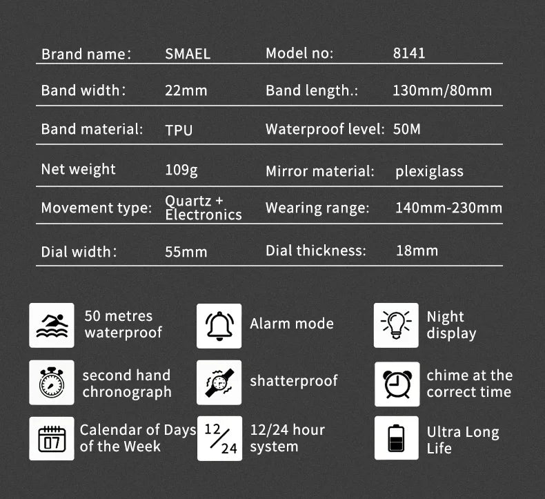 Men's Analog Digital Dual Display Sports Watch - 50M Waterproof Shock Resistant