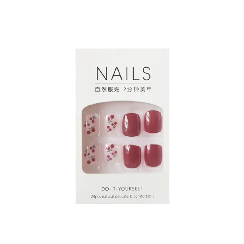 24PCS Red Bow Gold Powder Checkerboard Fake Nails Set
