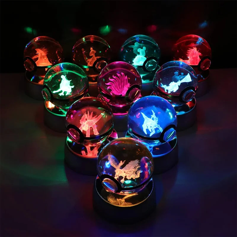Pokemon Crystal Ball Pikachu Gengar Eevee Mewtwo Night Light with LED Base - 5CM Anime Collectible