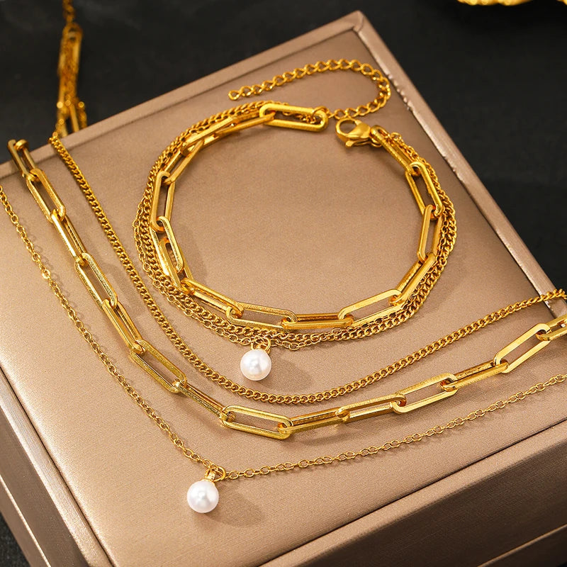 Delicate Pearl Pendant Jewelry Set for Women Multi-Layer Chain Gift