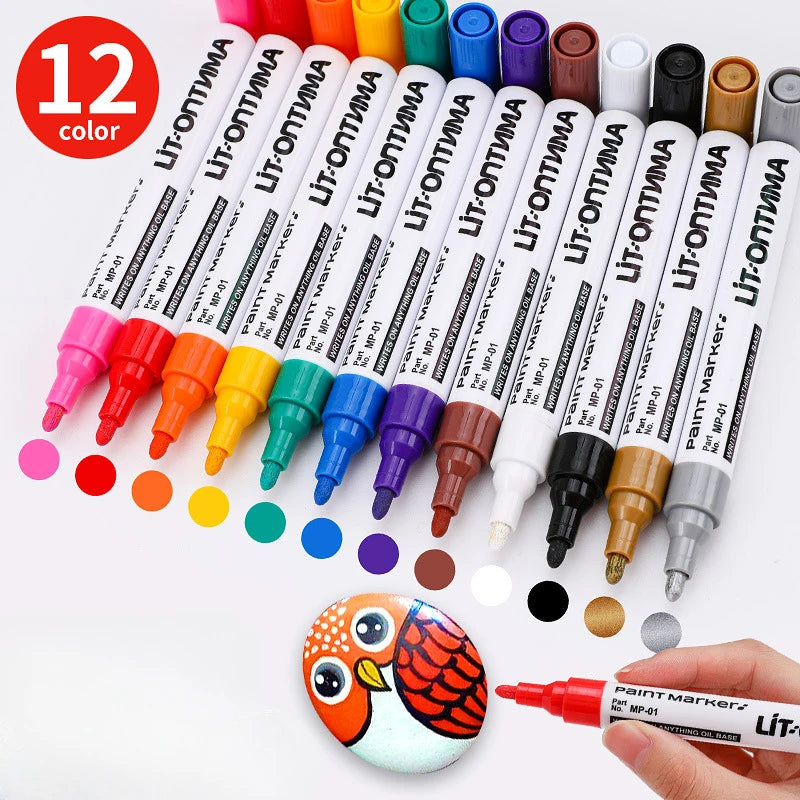 12-Color Waterproof Paint Marker Set for Tire, Fabric, Metal & Rubber