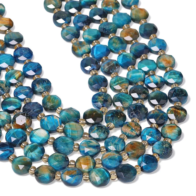 Natural Lake Blue Tiger Eye Beads Faceted Coin Shape Jewelry Making Supplies