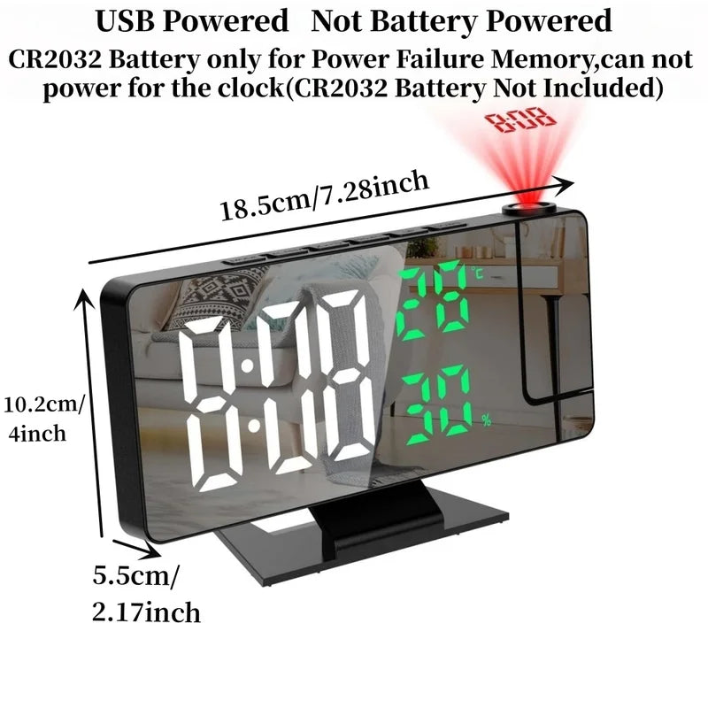 Digital Projection Alarm Clock with Rotation & Night Mode, Temperature & Humidity Display