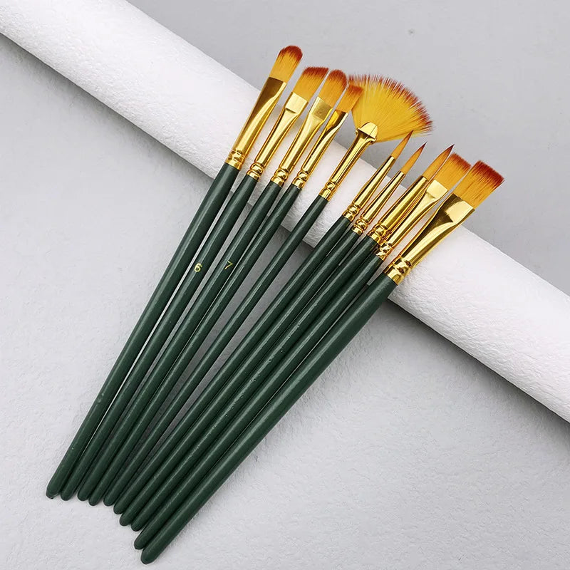 10pcs Watercolor Paint Brush Set with Wooden Handles for Art, Oil & Acrylic Painting