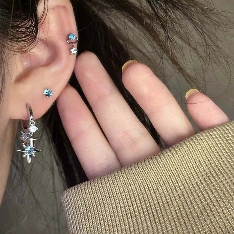 Y2K Blue Zircon Star Tassel Earrings for Women Men Silver Jewelry Gift