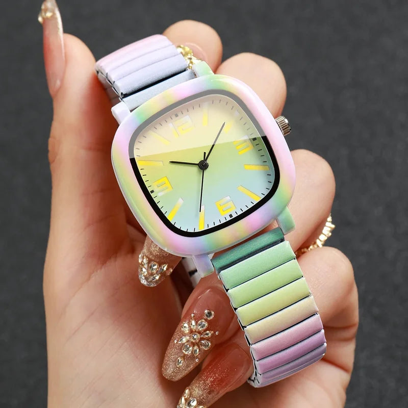 Rainbow Gradient Women Quartz Watch with Colorful Elastic Strap - Ladies Wristwatch