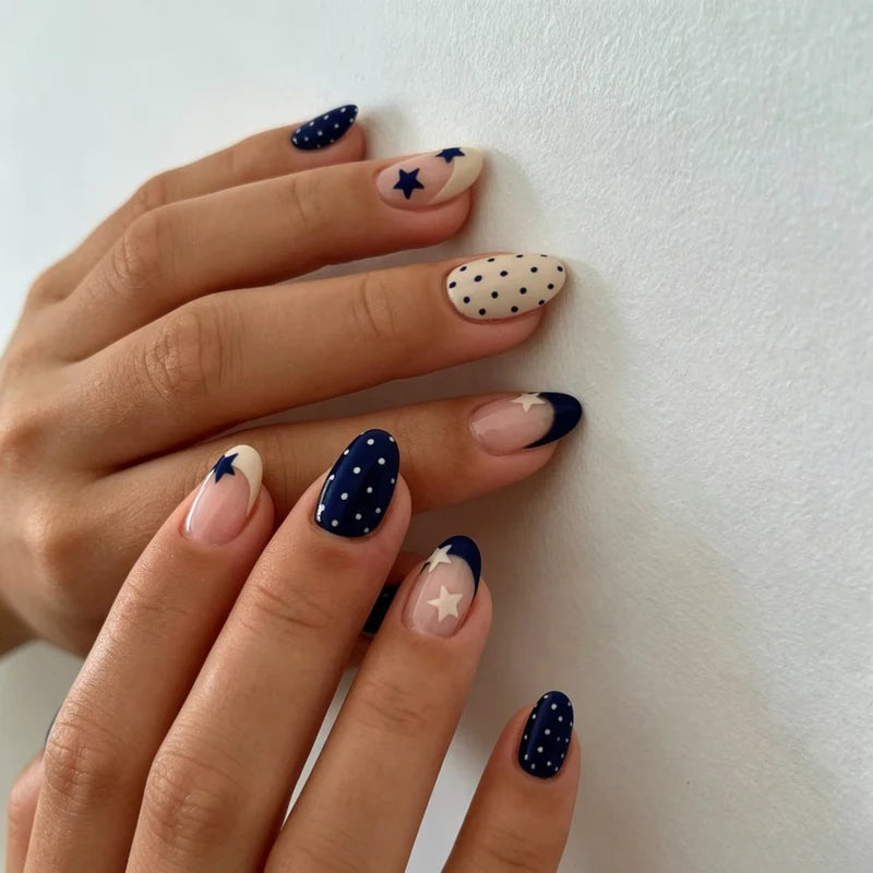24pcs Oval Star Polka Dot Nail Stickers Set with Nail File & Jelly Gel - Nail Art Decor