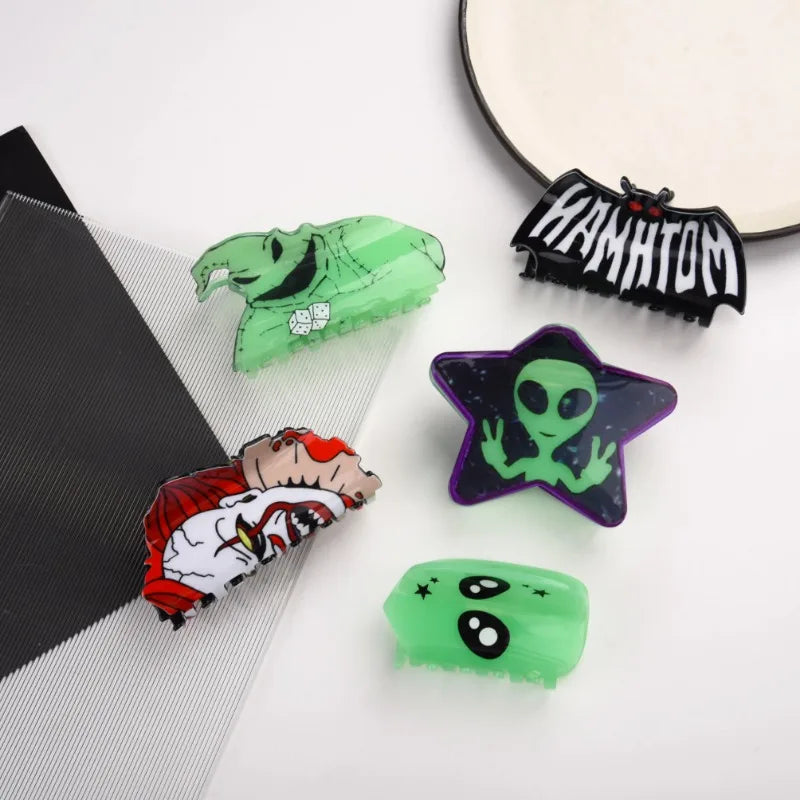 Halloween Glow-in-the-Dark Horror Hair Claw Clip Bat Clown Alien Demon Party Hair Accessory
