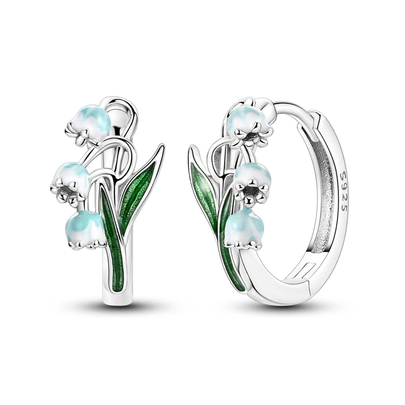 Sterling Silver Four Clover Stud Earrings with Lily of the Valley Flower for Women