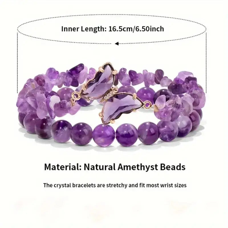 Beaded Butterfly Bracelet Set for Women - Amethyst Obsidian Stretch Bangles with Positive Energy