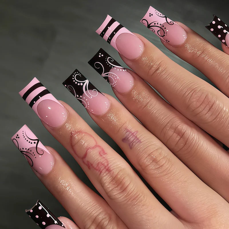 24Pcs Press On Nails Set - Punk Vine Striped Pink Black French Polka Dots