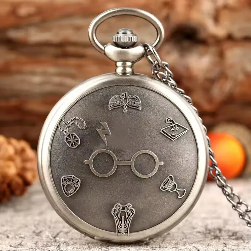 Vintage Style Bronze Clock Pendant Necklace with Glitter Glasses Role Play Gift