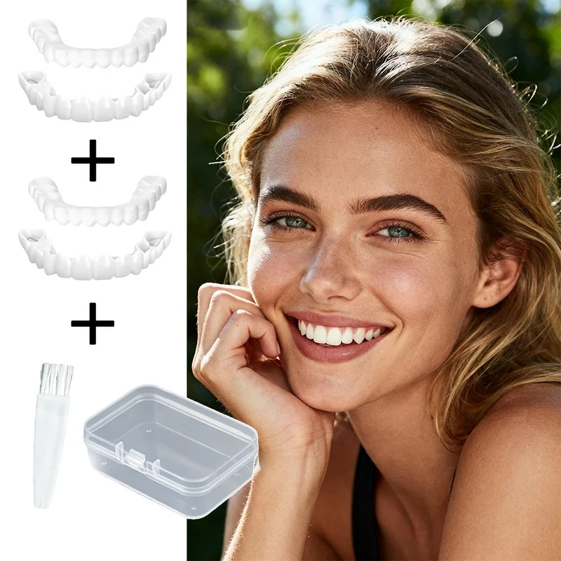 Dental Cosmetic Kit 2 Sets - Upper & Lower Teeth, Brush & Clear Box for Men Women