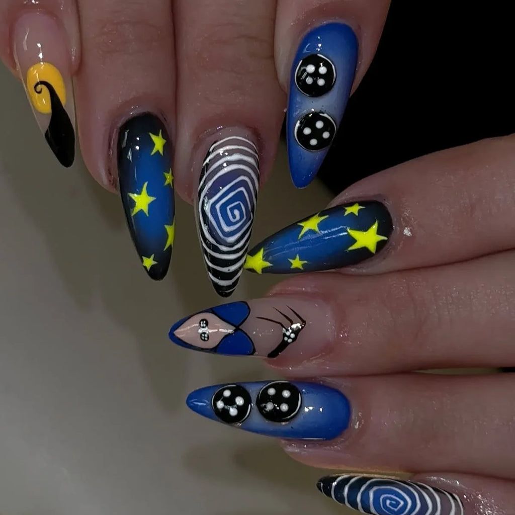 24-Piece Spiral Stripe Pattern Press-On Nails for Halloween - Blue French Almond Fake Nails
