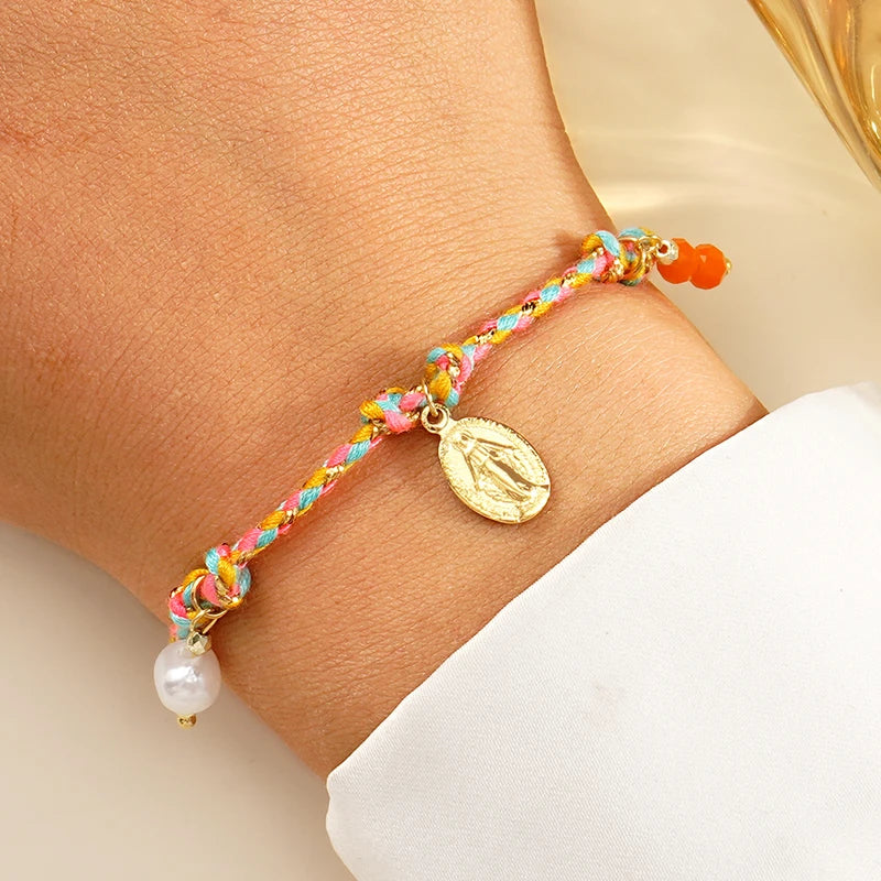 Multicolor Braided Rope Bracelet with Virgin Mary Pearl Charm Adjustable Women’s Jewelry