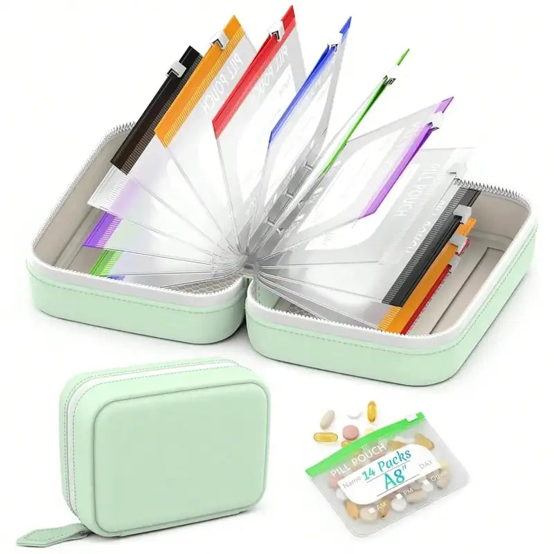 Waterproof Zipper Medicine Pouch Set with 14 Color Designs Weekly Organizer for Supplement Storage