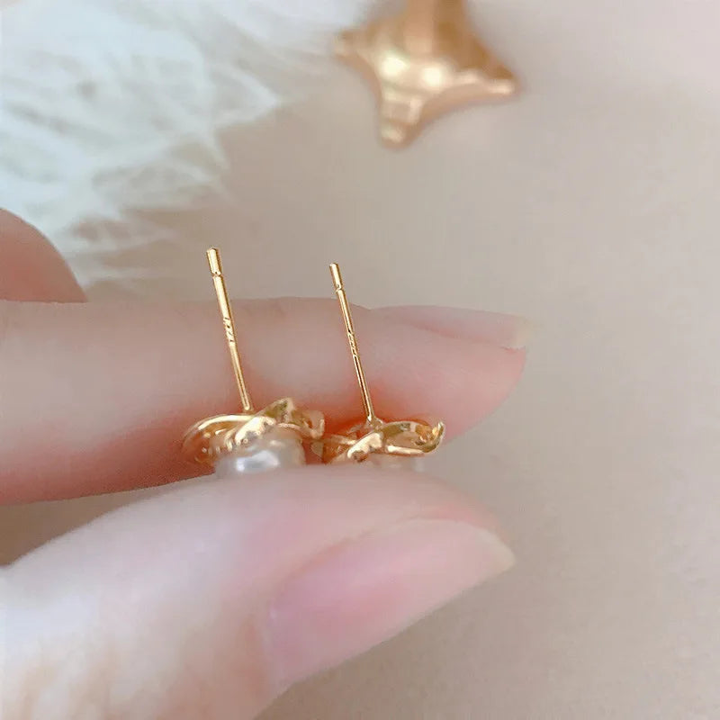 Luxury 14k Gold Earrings with Zircon and Pearl Twist Studs for Women