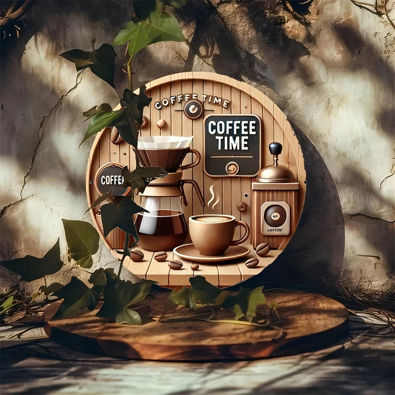 Wooden Hanging Sign - Coffee Maker Theme Wall Decor 8 Inch Round Sign
