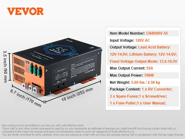 RV Power Converter Charger 45A 110V to 12VDC Smart Battery Charger with Adjustable Voltage