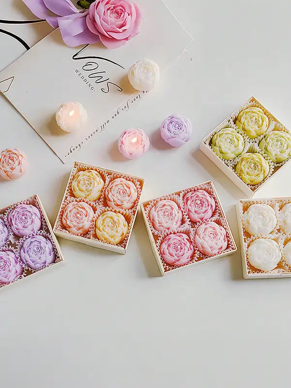 Rose Flower Shaped Soy Wax Candle Set of 4 - Handmade Decorative Gift Box