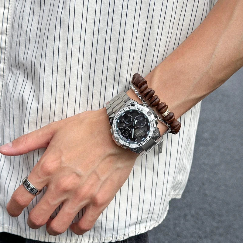 Men's Rotating Windmill Watch with Long Battery Life, Timer & Alarm, Stainless Steel Strap