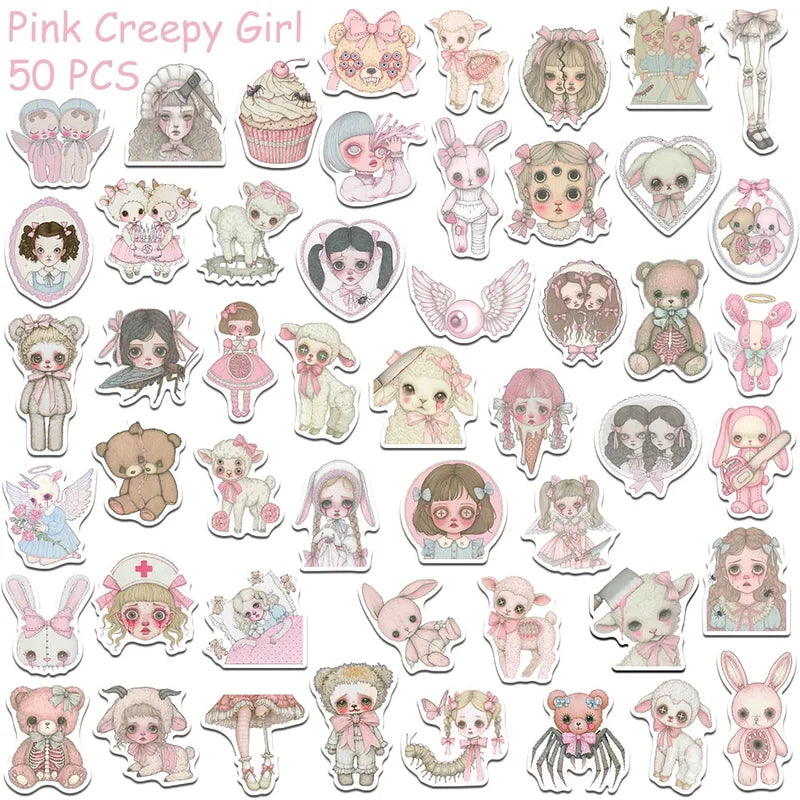50pcs Pink Creepy Girl Sticker Set Waterproof Vinyl Decals for Laptop Skateboard Suitcase