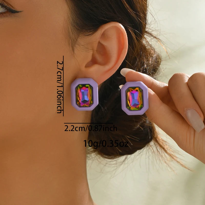Square Geometric Stud Earrings for Women Colorful Rhinestone Jewelry - Party & Fashion