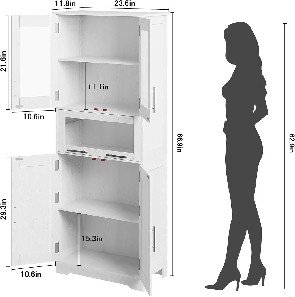 Tall Bathroom Storage Cabinet with Glass Doors and Adjustable Shelves - Freestanding Linen Closet, Kitchen Pantry or Living Room Cupboard