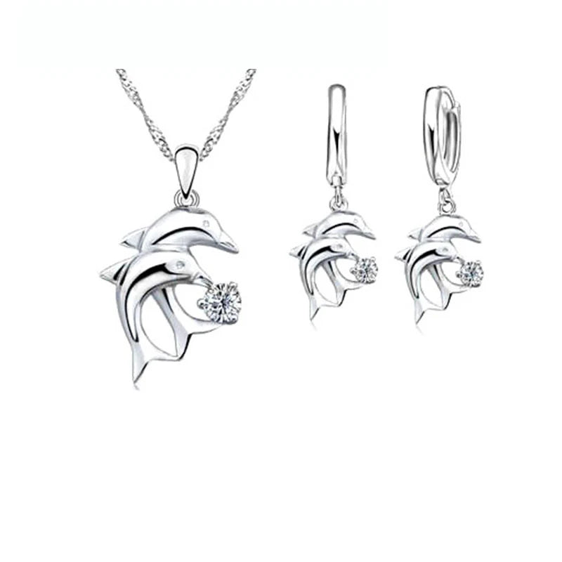 925 Sterling Silver Bridal Jewelry Set with Dolphin Design Crystal Necklace and Hoop Earrings for Women Girls