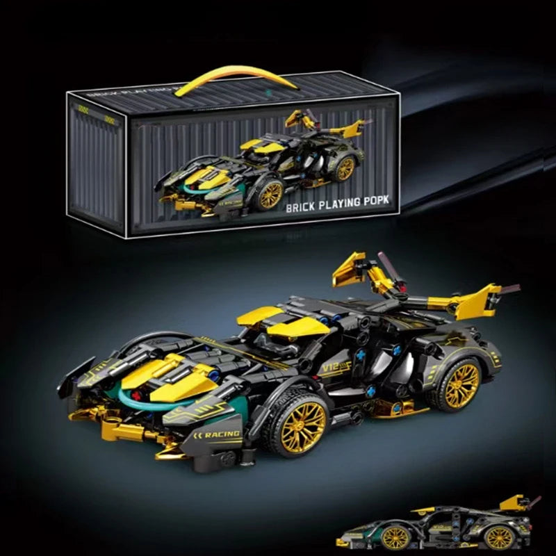 Wooden Building Block Racing Car Model - Black & Gold Desktop Decor Gift