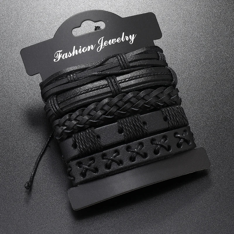 5pcs Unisex Punk Rock Leather Braid Bracelets - Adjustable & Stylish