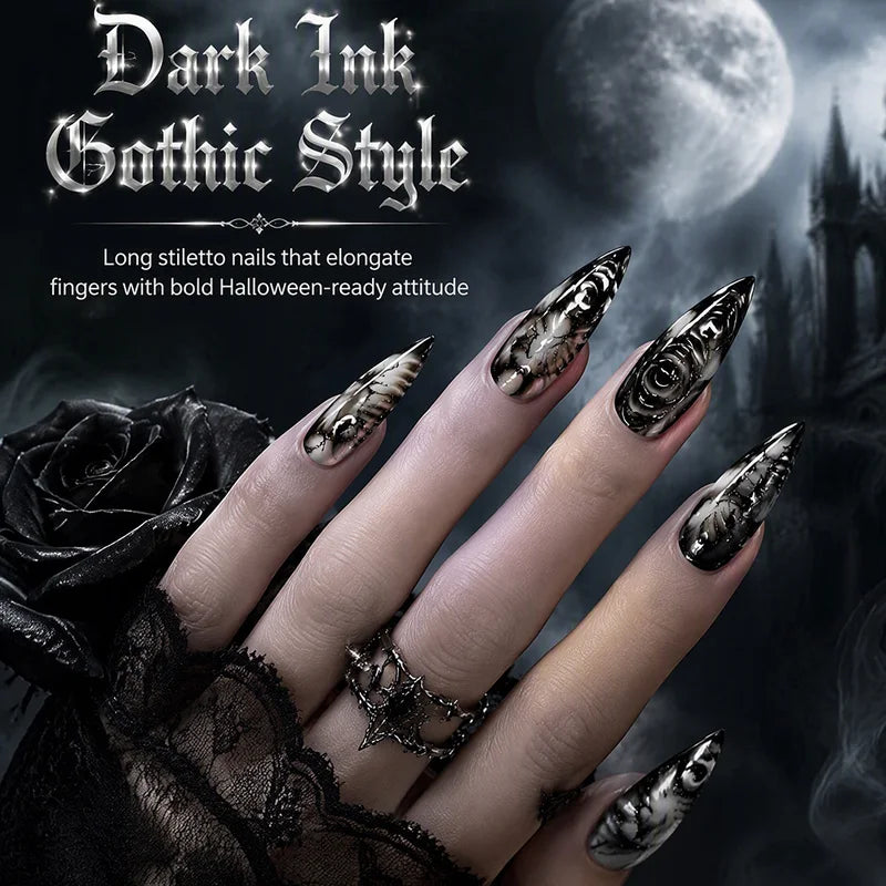 Gothic Stiletto Press On Nails with 3D Devil Eye Pattern - Halloween Fake Acrylic Nails, Glossy Finish, Reusable 30Pcs