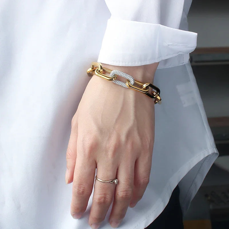 Fashion Women Chunky Chain Bracelets with Rhinestones - Stainless Steel Link Jewelry