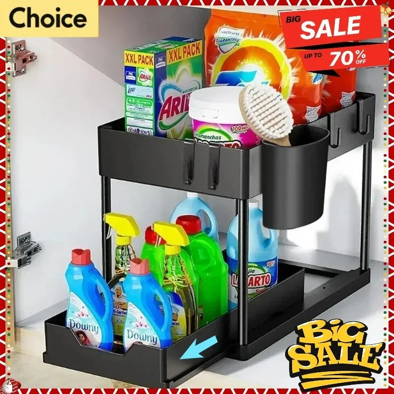 2-Tier Multi-Function Kitchen Sink Organizer with Sliding Drawers and Hooks