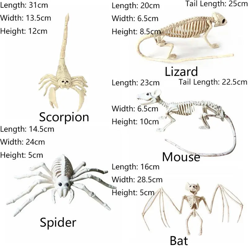 Halloween Animal Skeleton Bones Decor Set - Creepy Spider Bat Mouse Lizard Props