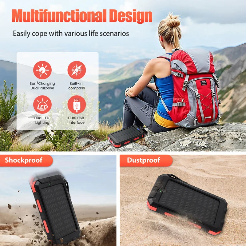 10,000mAh Solar Power Bank Waterproof Portable Charger with Dual USB & LED Flashlight