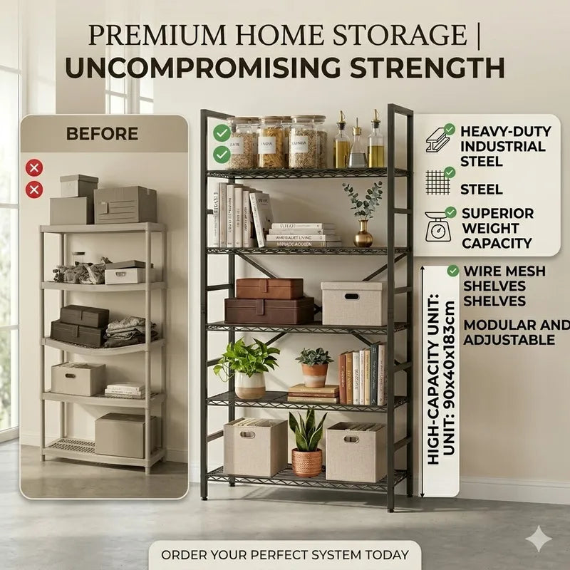 Heavy Duty Garage Shelving Units - Adjustable Wire Storage Racks, 385 LBS Per Shelf, Black, 35.4 x 15.7 x 72 Inches