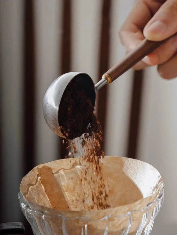 Vintage Walnut Wood Handle Coffee Spoon Stainless Steel Measuring Scoop Kitchen Utensil