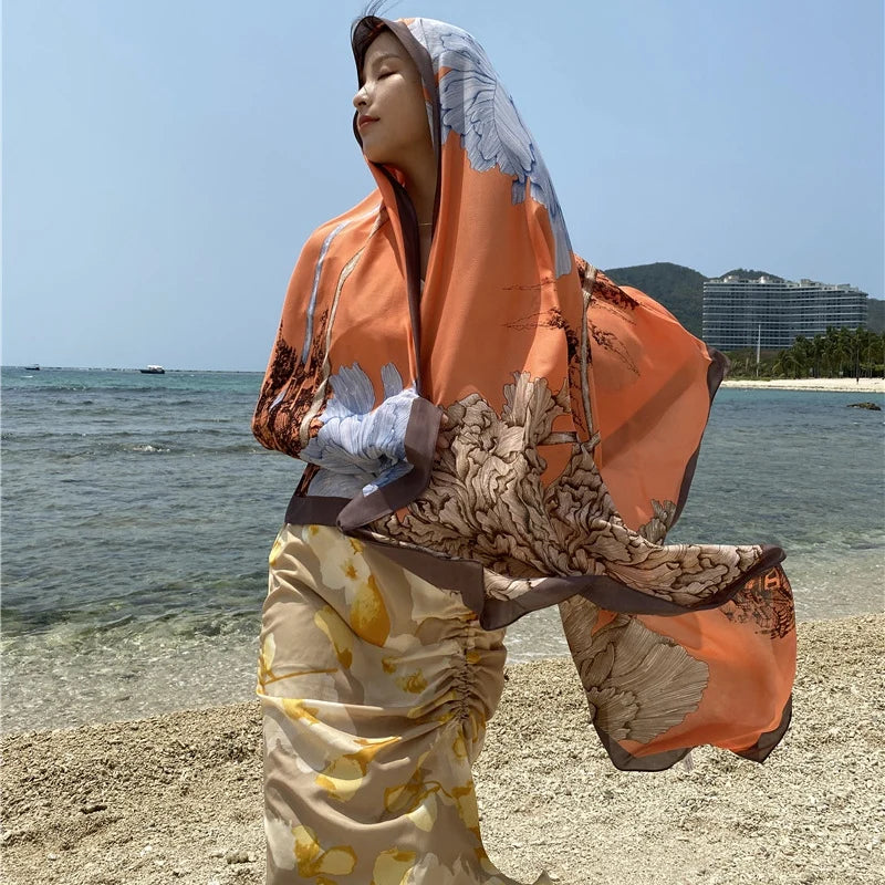 Luxury Floral Silk Beach Cover-Up Sarong Wrap for Women 90x180cm