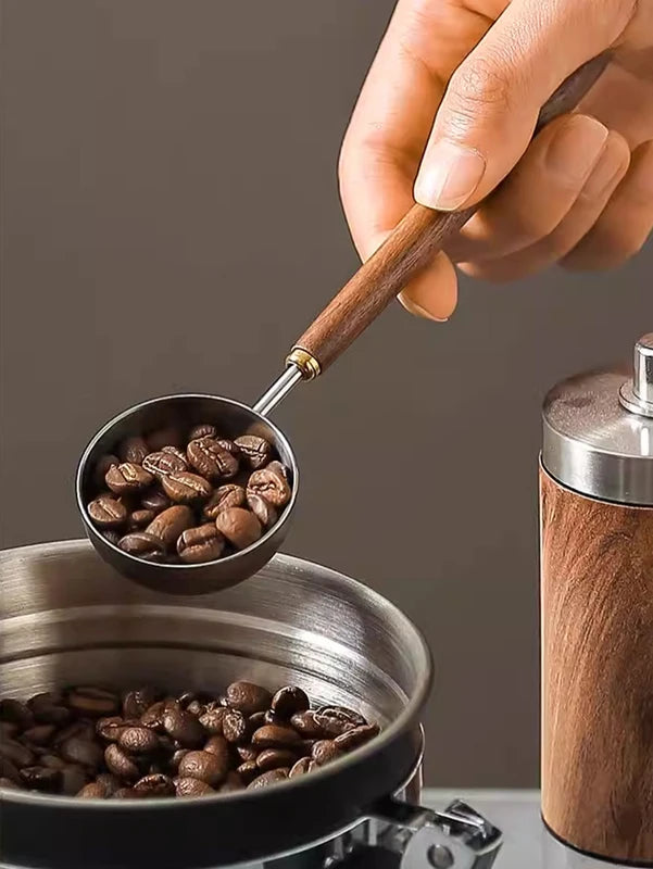 Vintage Walnut Wood Handle Coffee Spoon Stainless Steel Measuring Scoop Kitchen Utensil