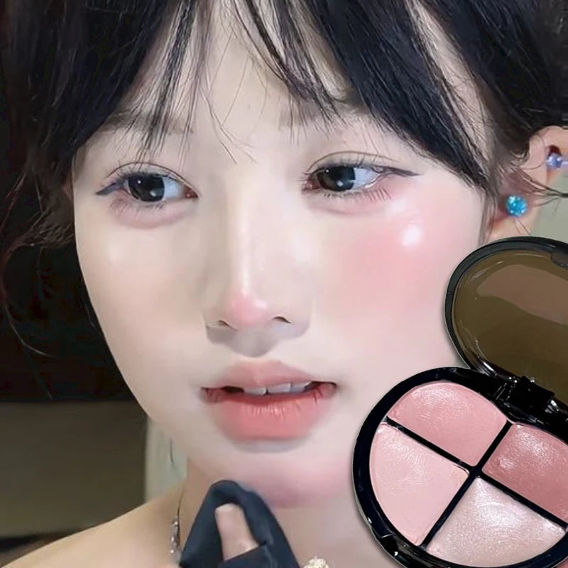 K-Beauty Glow Wet Blush Palette 4 Colors Dewy Natural Finish for Cheeks & Lips