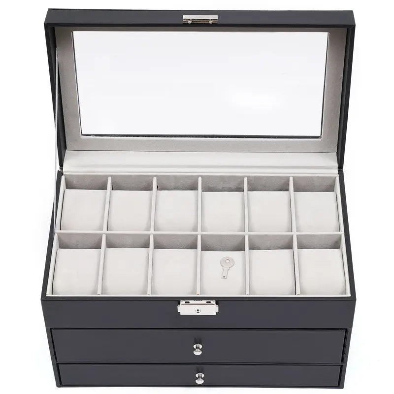 12 Compartments Watch Storage Box Jewelry Organizer with Glass Window
