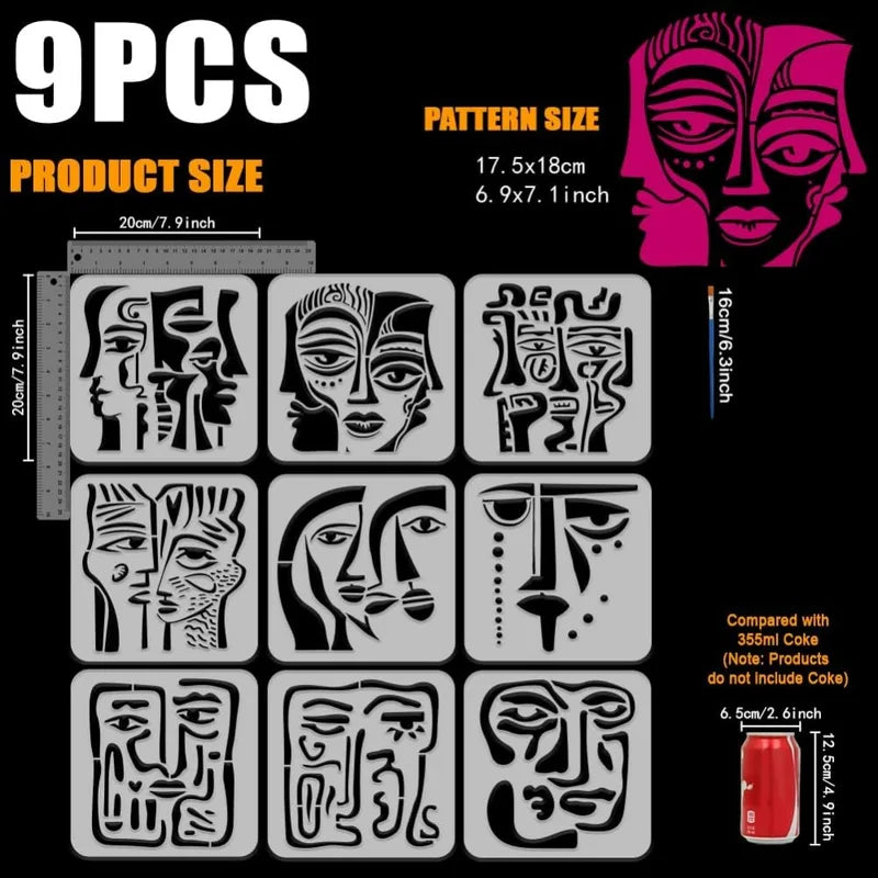 Reusable Abstract Face Painting Stencil Set with Brush - Geometric DIY Templates