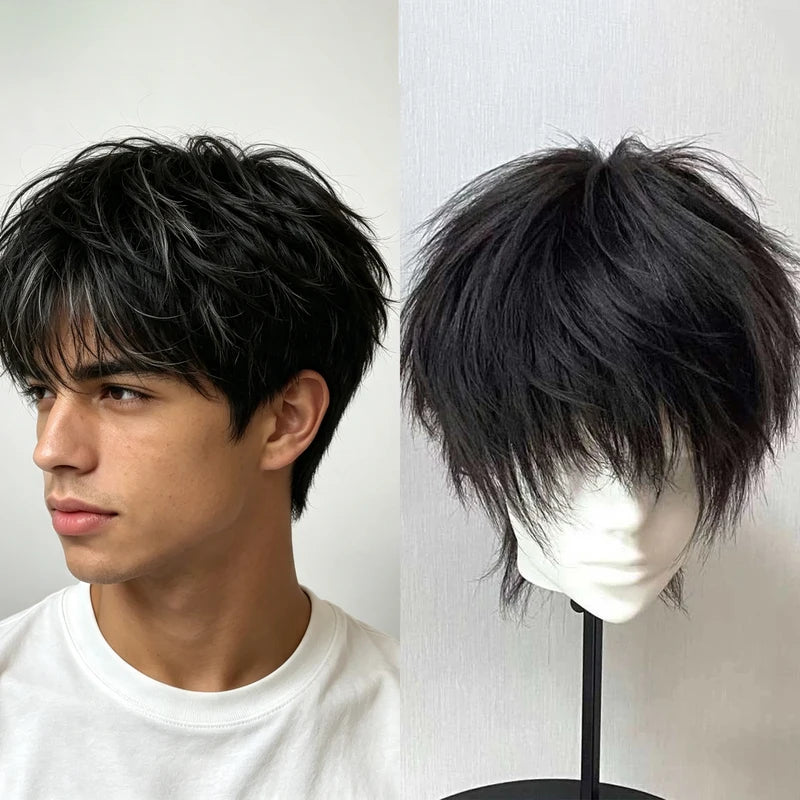Black Synthetic Cosplay Wig Men Short Messy Layered Heat Resistant Fiber for Halloween