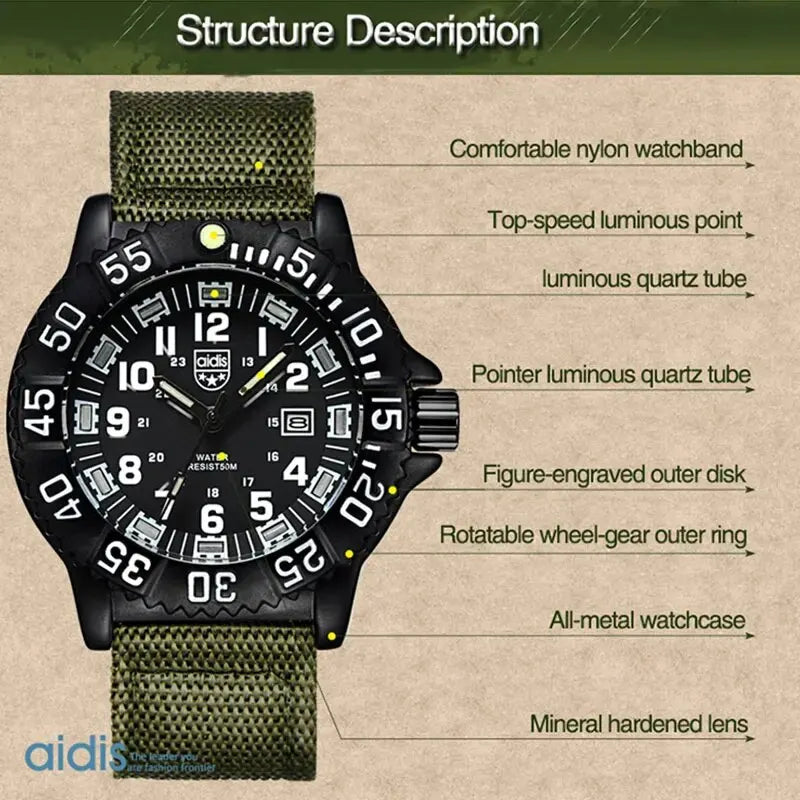 Men's Waterproof Sports Watch with Luminous Tube & Nylon Band - Military Style, 50m Water-Resistant