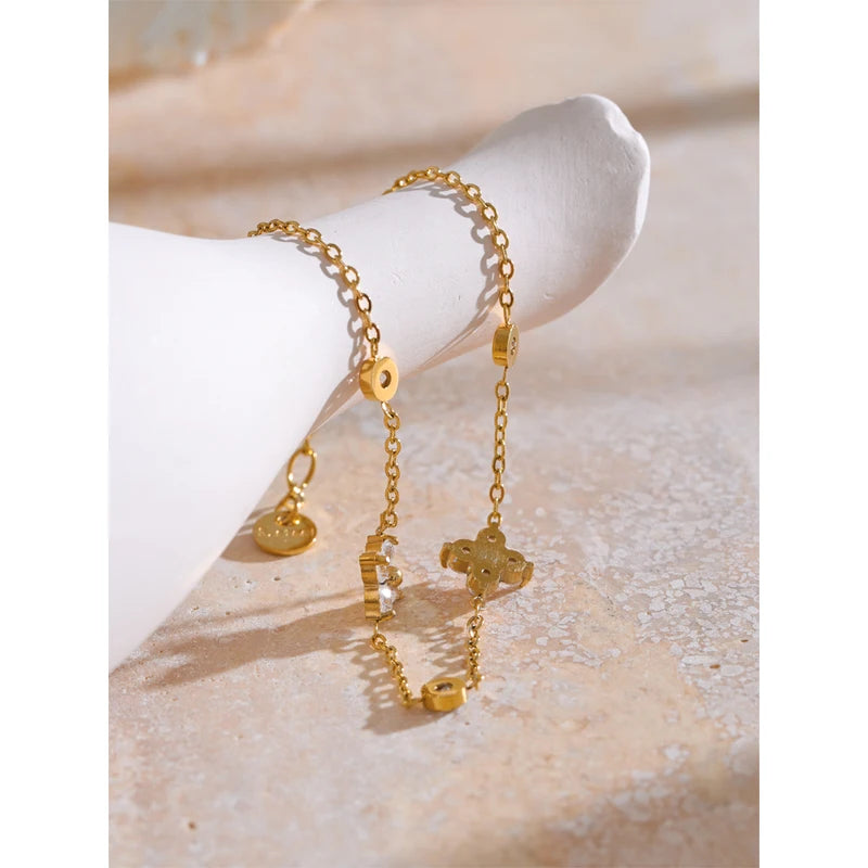 Delicate Cubic Zirconia Flower Chain Bracelet Thin Bangle Stainless Steel Jewelry
